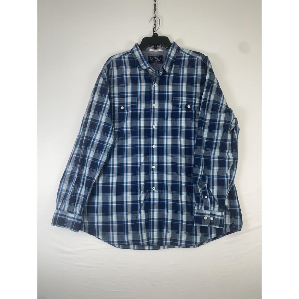 Nautica Shirt Mens 2XL Blue Plaid Long Sleeve Button Down Cotton Casual